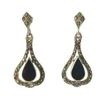 Black Onyx Marcasite Teardrop Dangle Earrings Sterling Silver 925 Screw Back