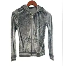 BCBGMAXAZARIA Grey rhinestone velour zip up hoodie. Small