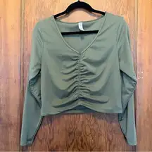 Flex Shirred Cropped Long Sleeve Workout Athleisure XL Olive