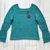 Cyrus Womens Sz L Square Neck Crochet Detail Teal Knit Boho Sweater NWT