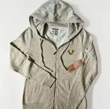 True Religion  Full Zip Hoodie Women’s L Foil Horseshoe Heathered Oatmeal Tan NWT