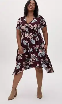 Torrid Burgundy Red Floral Challis Button Up‎ Midi Shirt Dress Pockets Size 2X