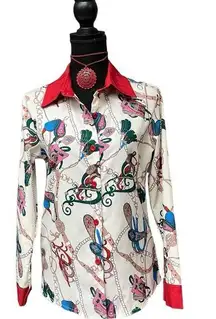 Printed Silk Chain Baroque Blouse with Red Collar