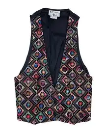 Vintage 80s 90s Try One Rainbow Embroidered Vest Diamond Print Size Medium Funky