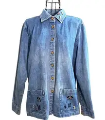 Christopher & Banks Vintage  Dog Lover Denim Chambray Button Up Top Jacket Size M