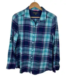 Tommy Bahama Womens Plaid Button Down Shirt Sz Medium Multicolor Roll Tab Preppy