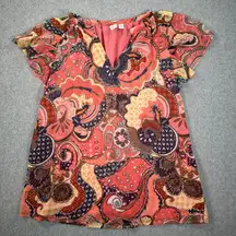 Joie Paisley Print V-Neck Blouse Women Medium Short Flutter Sleeve Salmon Orange