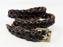 [Vintage] Chocolate Brown Braided Woven Skinny Slim Belt Gold Buckle Sz Large L