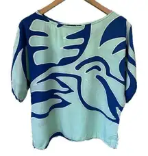 Nahe Wahine Hawaiian Watercolor Batik Mint Blue Flowy Cold Shoulder Blouse XS