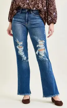 Judy Blue Dad Jean Mid Rise Straight Distressed Denim Blue Stretch Size 7 28 NWT