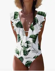 Women One Piece Swimsuit V-Neck Ruffle Bathing Suit Padded Monokini