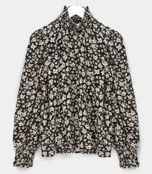 FRNCH Paris Cihem Black Floral Puff Long Sleeve Ruffle Neck Blouse Top Small S