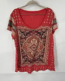 Lucky Brand Persian Carpet Tee Women Plus Size 1X Red Bohemian Western Indie