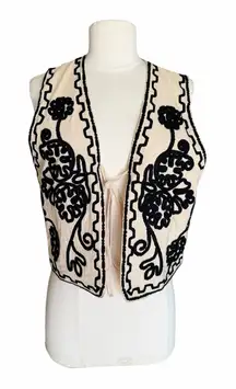 Daniel Collection Tie Front Ecru Black Contrast Embroidery Vest Small NWT
