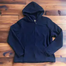 L.L. Bean Women's Fleece Hooded Jacket Hoodie Large Blue YKK Zipper    Chest 22 Length 24.5 Shoulder width 16 Bottom Opening 21 Sleeve Length 22.5 98% Polyester 2% Spandex.   Stay warm and stylish with this L.L. Bean Women's Fleece Hooded Jacket Hoodie in size L. The mid-length jacket features a solid blue color, YKK zipper closure, and long sleeves with accents of zipper. The jacket is made of polyester outer shell material, polyester lining material, and fleece fabric type. It's perfect for winter, fall, or spring seasons and can be machine washed for easy care.   The regular fit jacket comes with a hood for extra warmth and is suitable for women who love basic jacket style. The jacket is not only comfortable but also functional with its polyester insulation material. Get this jacket for your wardrobe and be ready to take on any weather.