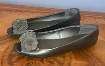 Gray Patent Leather Peep Toe Ballet Flats with Flower Accents Women’s Size 7