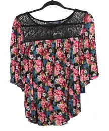 One Clothing Floral Boho Shirt L Womens NEW Black Pink Blue Lace Yoke Flowy