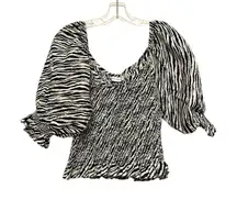 Faithfull The Brand Tani Smocked Linen Blouse Size 8 Zebra Puff‎ Sleeve Ruffle