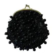 Vintage 60s Black Beaded Coin Purse Handmade Hong Kong Evening Bag Retro Mod MCM