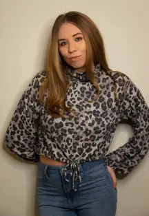 Leopard Print Long Balloon Sleeve Turtleneck Crop Top in Gray/Black NWT