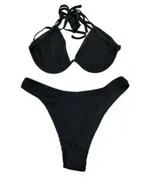 SHEIN Swim Black Halter Bikini Set Size L Adjustable Tie Ruched Texture