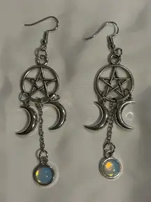 Gothic Pentagram Crescent White Crystal Earrings Faux Moonstone Witch Pagan