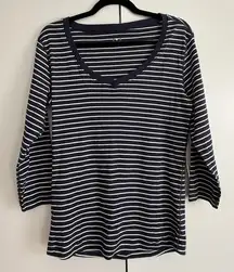 Three Dots Navy White Stripe V Neck 3/4 Sleeve Tee Top Women's Size L‎