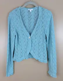 Charter Club Aqua Light Blue Crochet Cropped Y2K Cardigan Sweater Medium