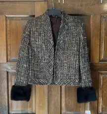 NEW Adrienne Vittadini Platino Womens Jacket Size 4 Tweed Blazer Wool Fur Cuffs