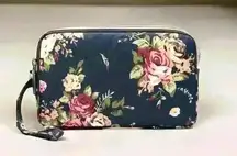 Floral Print Navy Blue Base Small Purse or Makeup Cosmetic Wristlet