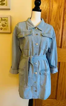 SHEIN Women's M Blue Denim Button-Up Belted Knee Length Dress Long Sleeve