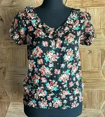 At Last Woman’s Black Floral Top Small Short Sleeve Sheer Boho Chic