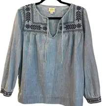 J. Crew Womens Blue Embroidered Chambray Top Small Long Sleeve Boho Peasant