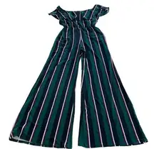 Vine & Love Jumpsuit Women Medium Green Black Stripe Ruffle Stretch Off Shoulder