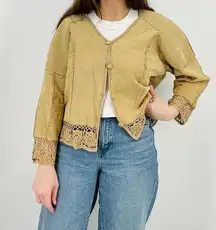 vintage boho western leather rayon button down fitted jacket camel brown