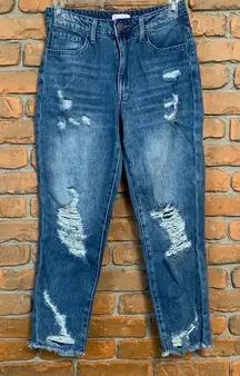 Pink Lily Womens 3‎ Jeans Blue Distressed Mom High Rise Destroyed Denim Raw Hem
