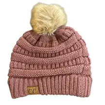 C.C pink winter, hat, faux fur pom-pom pink knitted