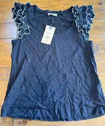 Democracy Double Ruffle Cap Sleeve black blouse NWT size S