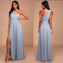 Lulus NEW  Maxi Dress Womens Large Lovely Endings Dusty Blue One Shoulder Pleated