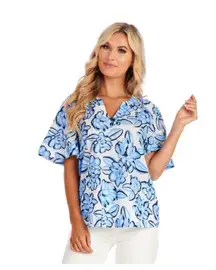 NWT Mud Pie Anderson Top Cotton Boxy Blouse Blue White Floral Size Small