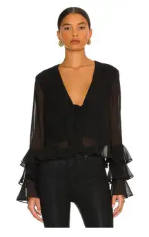 Winnie Black Long Sleeve Tie Front Blouse - Small - Ruffle Sleeve