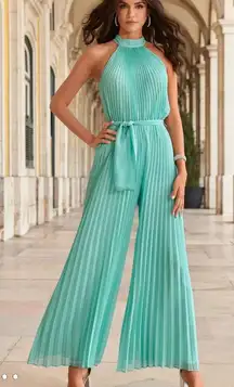 Boston Proper Pleated High-Neck Jumpsuit Aqua Mint Green 14