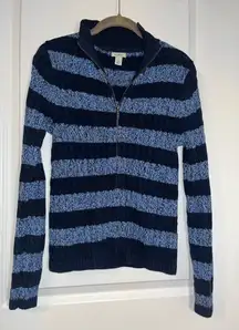 L.L.Bean Blue Stripe Classic Cotton Americana Cable Knit Full Zip Sweater Jacket