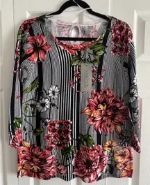 Joseph A Womens‎ Medium Striped Floral 3/4 Sleeve Pullover Top NEW