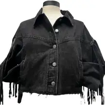 Forever 21 Fringe Black‎ Denim Jacket Size Small Edgy Rocker Grunge Chic Western