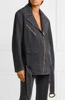 Nanushka Charcoal Black Cite Oversized Denim Belted Moto Biker Jacket