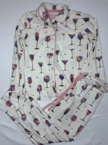 PJ Salvage Womens Pajama Set Long Sleeve Pants White Wine Glass Print Size S