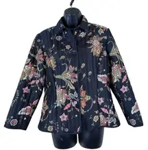 Silkland 100% Black Silk Floral Print Puffer Jacket Women’s Size Petite