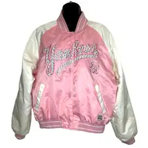 NY Yankees MLB Cooperstown Collection GIII Carl Banks pink satin bomber jacket L