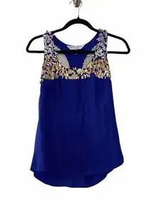 Trina Turk Womens Sleeveless Silk Sequin Neckline Pullover Top Blue Size P